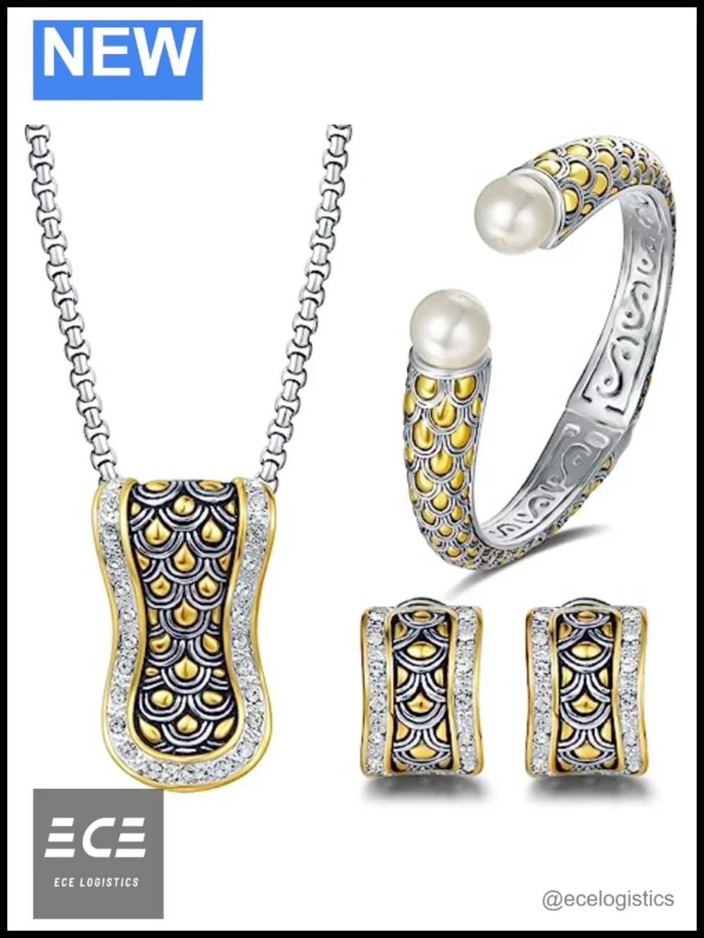 UNY JEWEL Two Tone Dragon Scale Pendant Necklace French Clip Earring Bangle Set